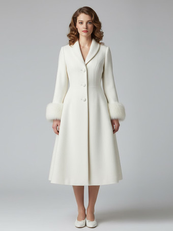 ホワイト ヴィンテージAラインウールフレアミディコート（取り外し可能なフェイクファーカフス付き、ホワイト）2025年モデル