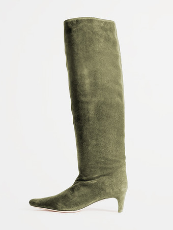 ダークグリーンマイクロスエードアッパー ダークグリーン スクエアトゥ キトンヒール ミッドカーフブーツ レディース ブーツ