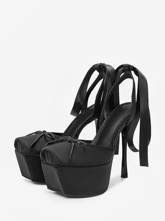 ブラック レディース ハイヒール サテン プラットフォーム ボウ レースアップ パーティーシューズ 2025