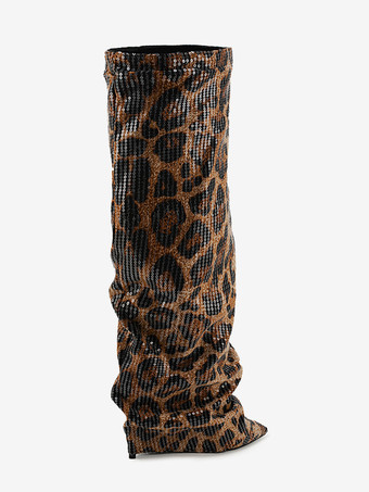 レディースニーハイブーツ レオパード柄スパンコール付きポインテッドトゥフォールドオーバーブーツ