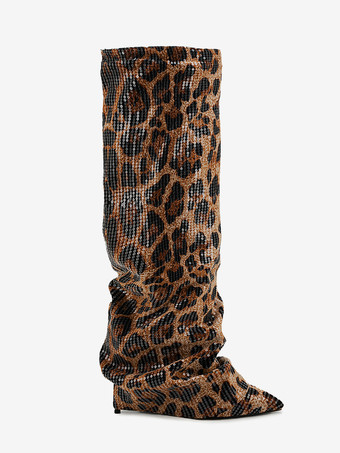 レディースニーハイブーツ レオパード柄スパンコール付きポインテッドトゥフォールドオーバーブーツ