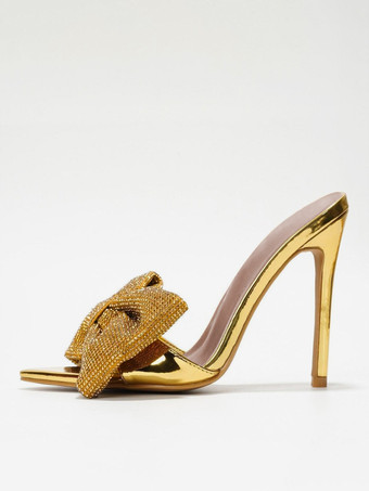 ハイヒールミュール ラインストーン ボウ オープントゥ バックレス スティレットヒール パンプス