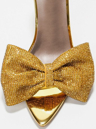 ハイヒールミュール ラインストーン ボウ オープントゥ バックレス スティレットヒール パンプス