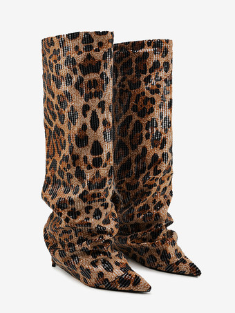 レディースニーハイブーツ レオパード柄スパンコール付きポインテッドトゥフォールドオーバーブーツ