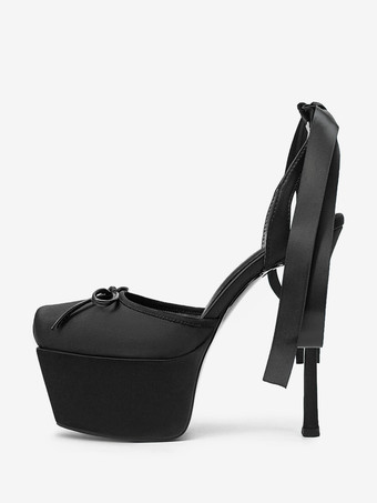 レディース ハイヒール サテン プラットフォーム ボウ レースアップ パーティーシューズ 2025