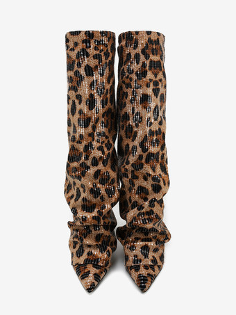 レディースニーハイブーツ レオパード柄スパンコール付きポインテッドトゥフォールドオーバーブーツ