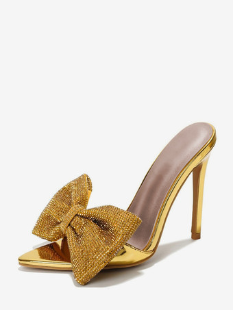 ゴールド ハイヒールミュール ラインストーン ボウ オープントゥ バックレス スティレットヒール パンプス