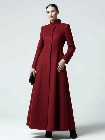 ウールブレンドのスタンドカラー付きマキシAラインコート（レディース）2025