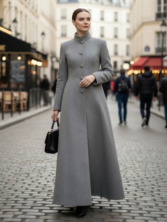 ウールブレンドのスタンドカラー付きマキシAラインコート（レディース）2025