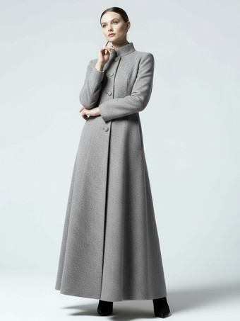 ウールブレンドのスタンドカラー付きマキシAラインコート（レディース）2025