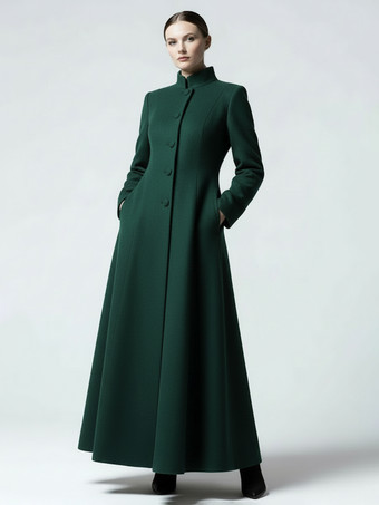 ウールブレンドのスタンドカラー付きマキシAラインコート（レディース）2025