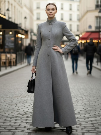 ウールブレンドのスタンドカラー付きマキシAラインコート（レディース）2025