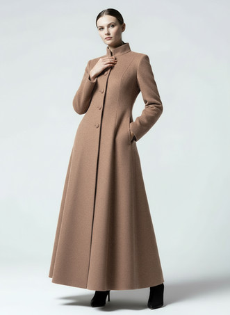 ウールブレンドのスタンドカラー付きマキシAラインコート（レディース）2025
