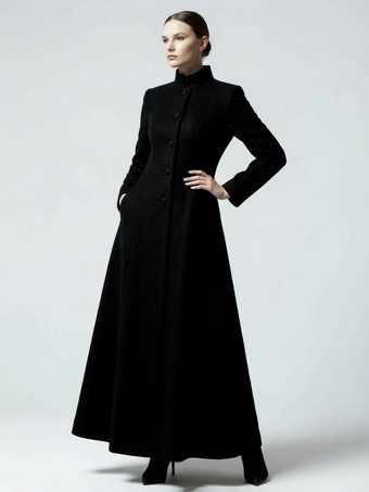 ウールブレンドのスタンドカラー付きマキシAラインコート（レディース）2025