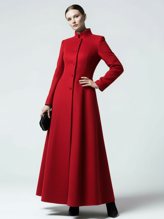ウールブレンドのスタンドカラー付きマキシAラインコート（レディース）2025