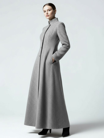 ウールブレンドのスタンドカラー付きマキシAラインコート（レディース）2025