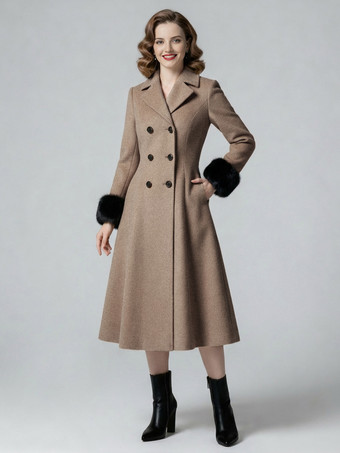 ラクダ色 ウール混ダブルブレストミディ丈フレアコート（ブラックフェイクファーカフス付き）レディース 2025