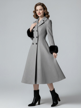 ウール混ダブルブレストミディ丈フレアコート（ブラックフェイクファーカフス付き）レディース 2025