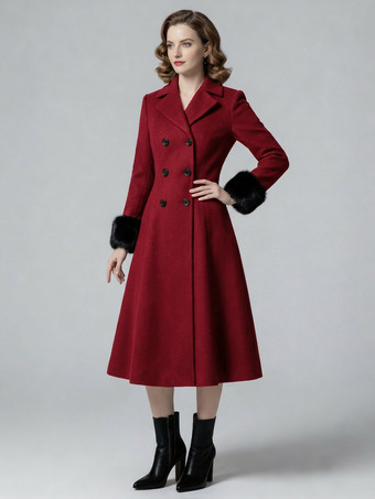 ワインレッド ウール混ダブルブレストミディ丈フレアコート（ブラックフェイクファーカフス付き）レディース 2025