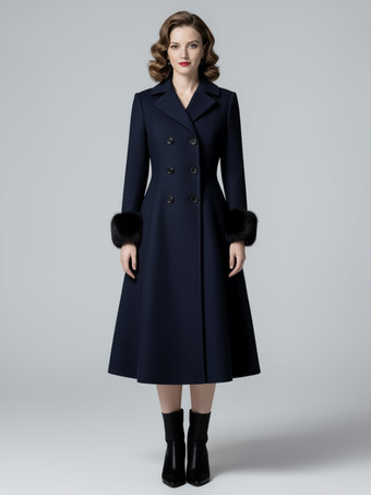 ダークネイビーウール混ダブルブレストミディ丈フレアコート（ブラックフェイクファーカフス付き）レディース 2025