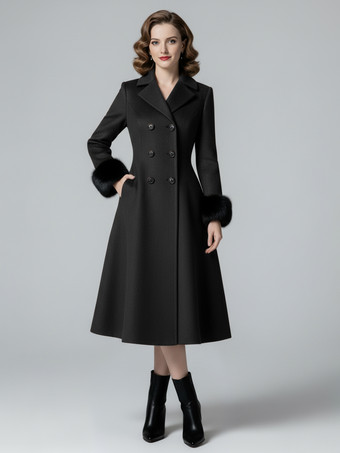 ブラック ウール混ダブルブレストミディ丈フレアコート（ブラックフェイクファーカフス付き）レディース 2025