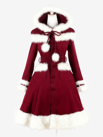 バーガンディーゴシックロリータコート ブラックコート ポンポン オーバーコート ポリエステル 秋 ロリータ アウター