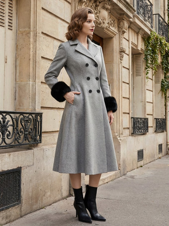 ウール混ダブルブレストミディ丈フレアコート（ブラックフェイクファーカフス付き）レディース 2025