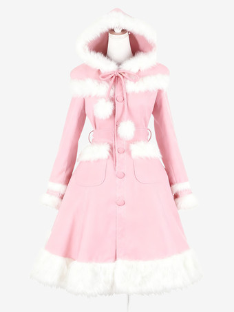 ピンクゴシックロリータコート ブラックコート ポンポン オーバーコート ポリエステル 秋 ロリータ アウター