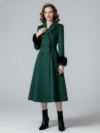 グリーン ウール混ダブルブレストミディ丈フレアコート（ブラックフェイクファーカフス付き）レディース 2025