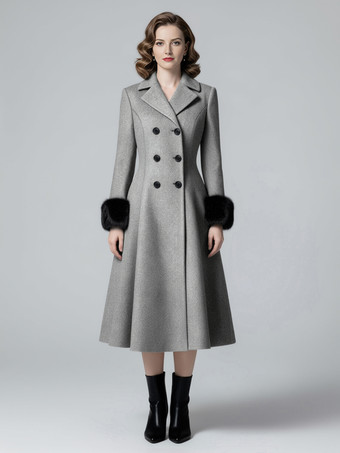 グレイウール混ダブルブレストミディ丈フレアコート（ブラックフェイクファーカフス付き）レディース 2025