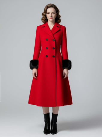 レッド ウール混ダブルブレストミディ丈フレアコート（ブラックフェイクファーカフス付き）レディース 2025