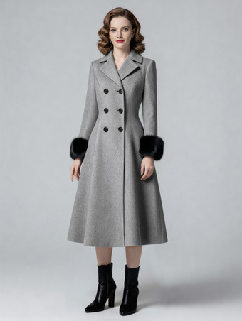 ウール混ダブルブレストミディ丈フレアコート（ブラックフェイクファーカフス付き）レディース 2025