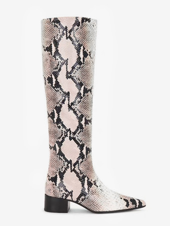 レディースニーハイブーツ ポインテッドトゥ スネーク柄 チャンキーヒールブーツ
