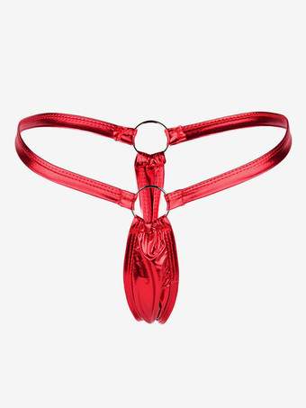 レッド レディースショーツ　ポリウレタン／PU　無地　ラインストーン　グロメット　女性用　Tバック　