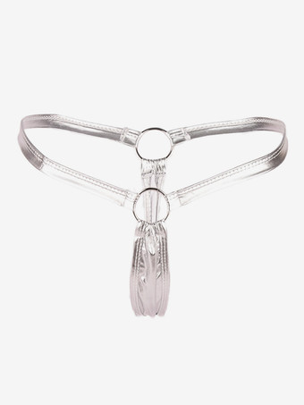 グレー レディースショーツ　ポリウレタン／PU　無地　ラインストーン　グロメット　女性用　Tバック　