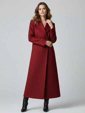 ワインレッド 洗練されたストレートカットのマキシダブルブレストウールコート（レディース向け）2025年モデル