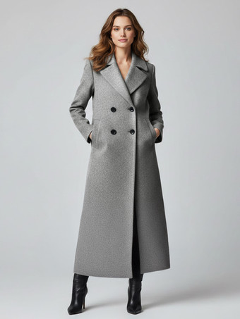 グレイ洗練されたストレートカットのマキシダブルブレストウールコート（レディース向け）2025年モデル