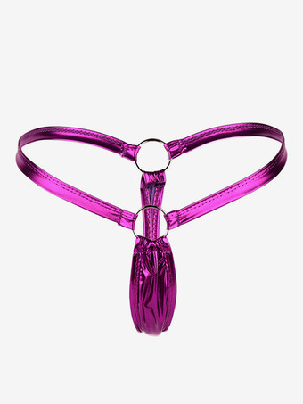 パープル レディースショーツ　ポリウレタン／PU　無地　ラインストーン　グロメット　女性用　Tバック　