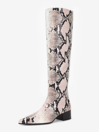 パイソン柄レディースニーハイブーツ ポインテッドトゥ スネーク柄 チャンキーヒールブーツ