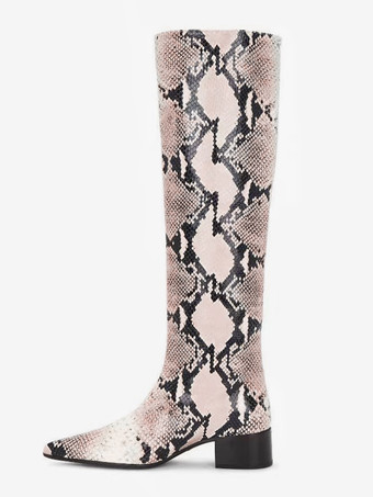 レディースニーハイブーツ ポインテッドトゥ スネーク柄 チャンキーヒールブーツ