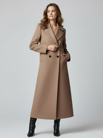 ラクダ色 洗練されたストレートカットのマキシダブルブレストウールコート（レディース向け）2025年モデル