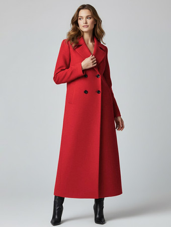 レッド 洗練されたストレートカットのマキシダブルブレストウールコート（レディース向け）2025年モデル