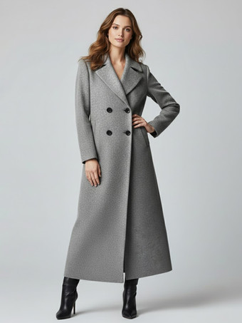 洗練されたストレートカットのマキシダブルブレストウールコート（レディース向け）2025年モデル