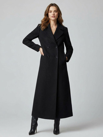 ブラック 洗練されたストレートカットのマキシダブルブレストウールコート（レディース向け）2025年モデル