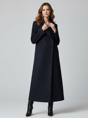 ダークネイビー洗練されたストレートカットのマキシダブルブレストウールコート（レディース向け）2025年モデル
