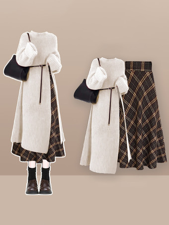 ご参考ください カジュアル セットアップ ラウンドネック 長袖 チェック柄 バックルベルト シンプル レディースファッション