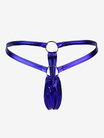 ブルー レディースショーツ　ポリウレタン／PU　無地　ラインストーン　グロメット　女性用　Tバック　