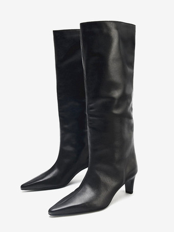 キトンヒールブーツ ブラック ポインテッドトゥ ニーハイブーツ レディース