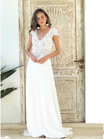 アイボリーボヘミアンウェディングドレス レース Aライン トレーン付き ナチュラルウエスト ウェディングドレス 機能的なボタン 半袖 Vネック アイボリー