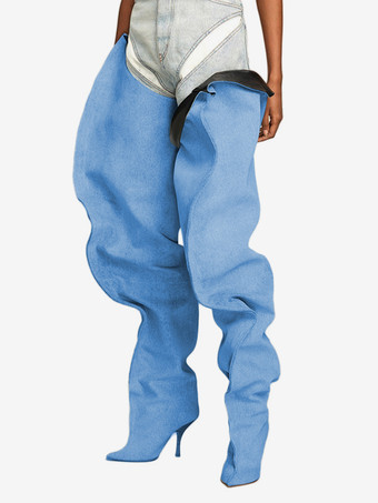 Hellschiefergrau Damen-Overknee-Stiefel aus Wildleder mit spitzer Zehenpartie und weitem Schaft